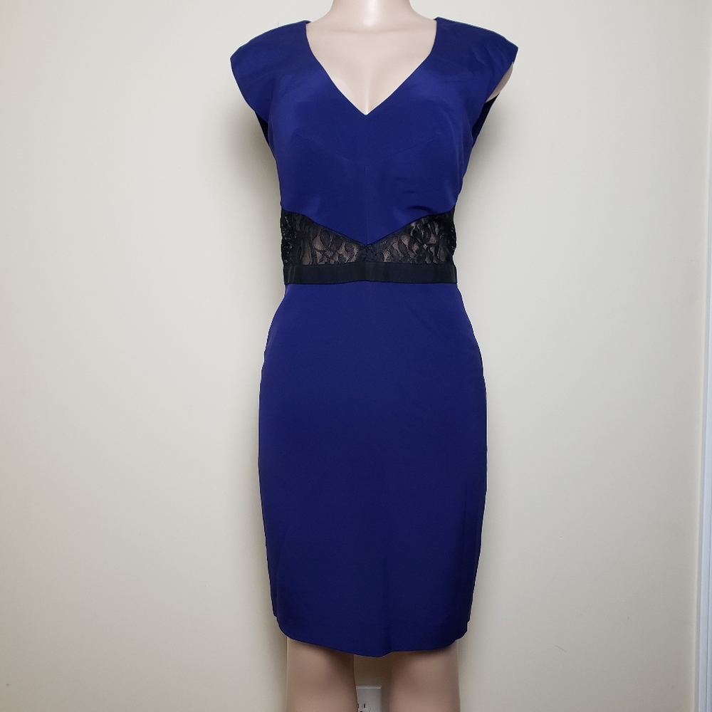 NICOLE MILLER Midnight Blue and Black Laced Fitted Bodycon Evening Formal Dress